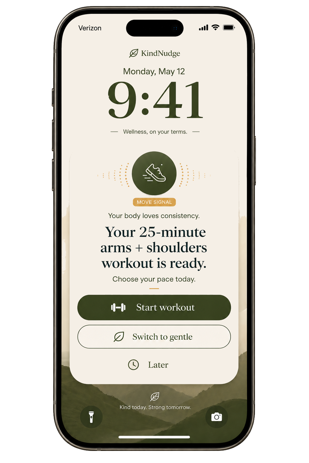 KindNudge app showing a movement care signal on the lock screen